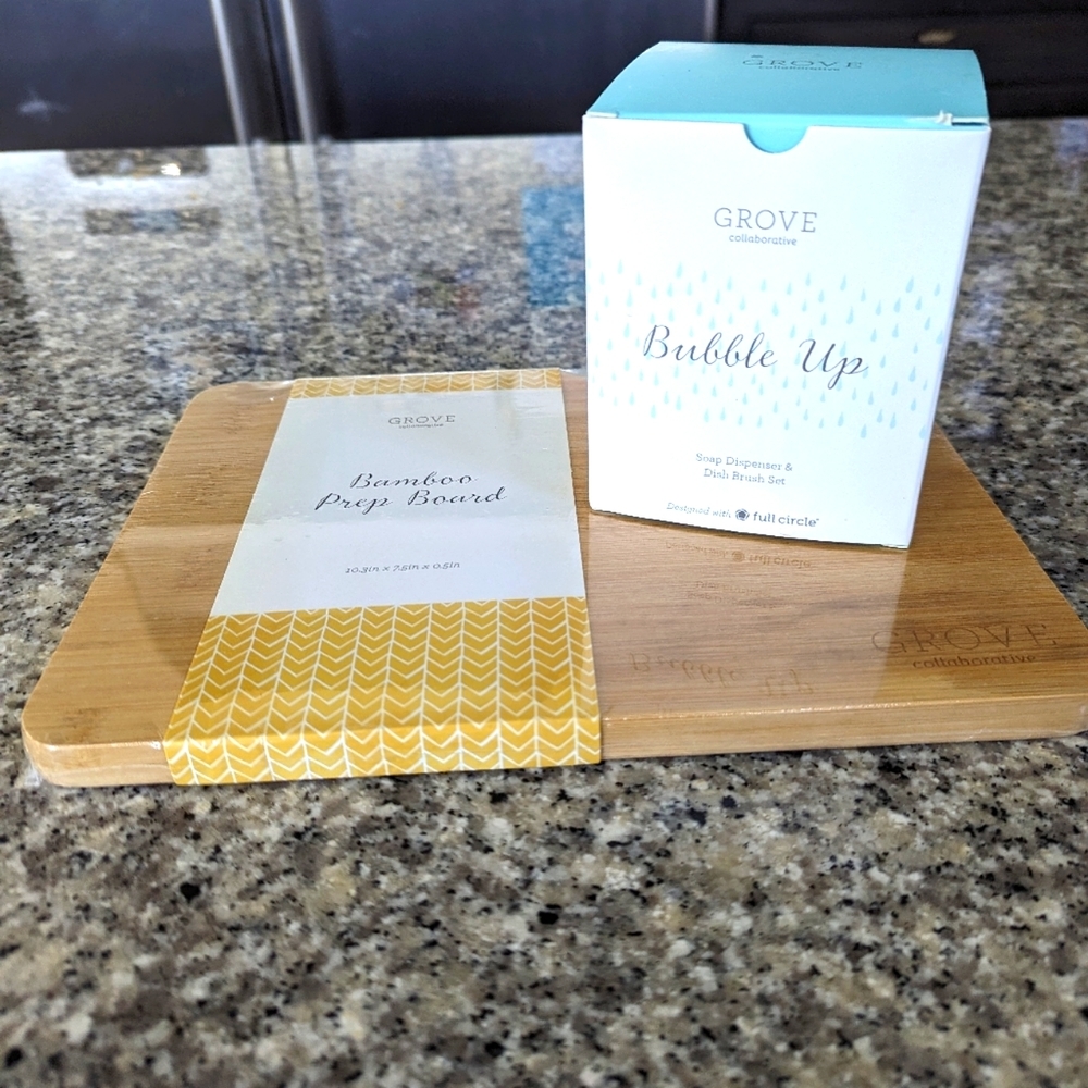 Grove Bamboo Prep Board And Bubble Up Dish Soap Dispenser & Brush